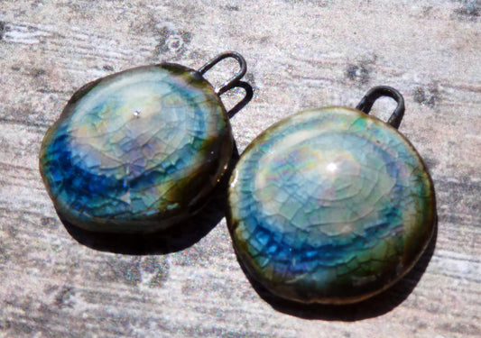 Ceramic Lustrous Button Shell Textured Charms-Water