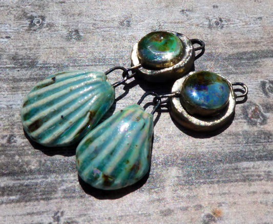 Ceramic Lustrous Moulded Disc and Shell Dangles - Blue Guppy