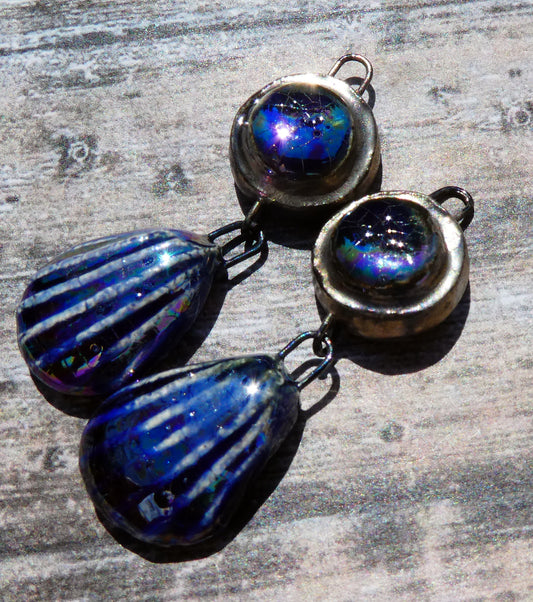 Ceramic Lustrous Moulded Disc and Shell Dangles - Mirror Blue
