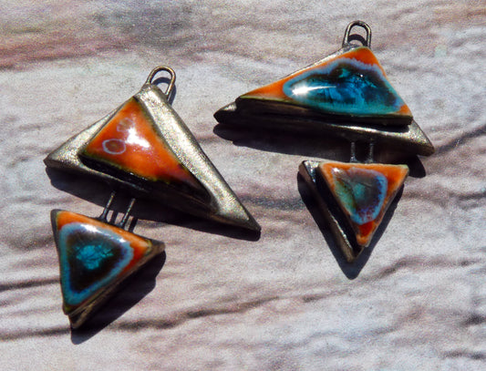 Ceramic Moulded Double Triangle Charms -Vermillion Sunburst