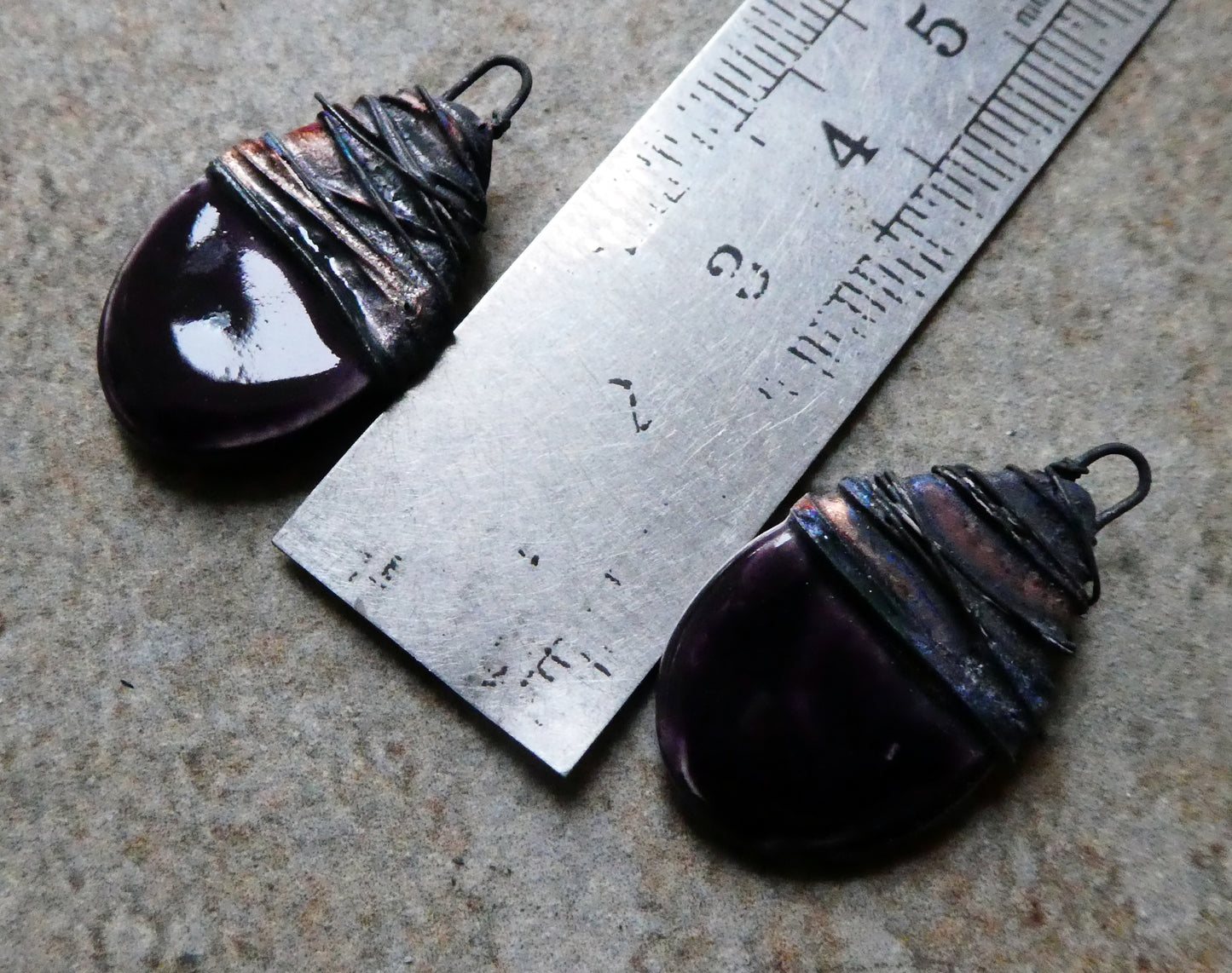 Ceramic Wire Wrapped Teardrop Charms -Aubergine