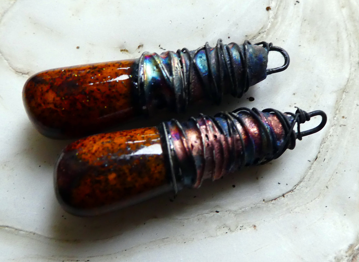 Ceramic Wire Wrapped Baton Charms -Amber Sparks