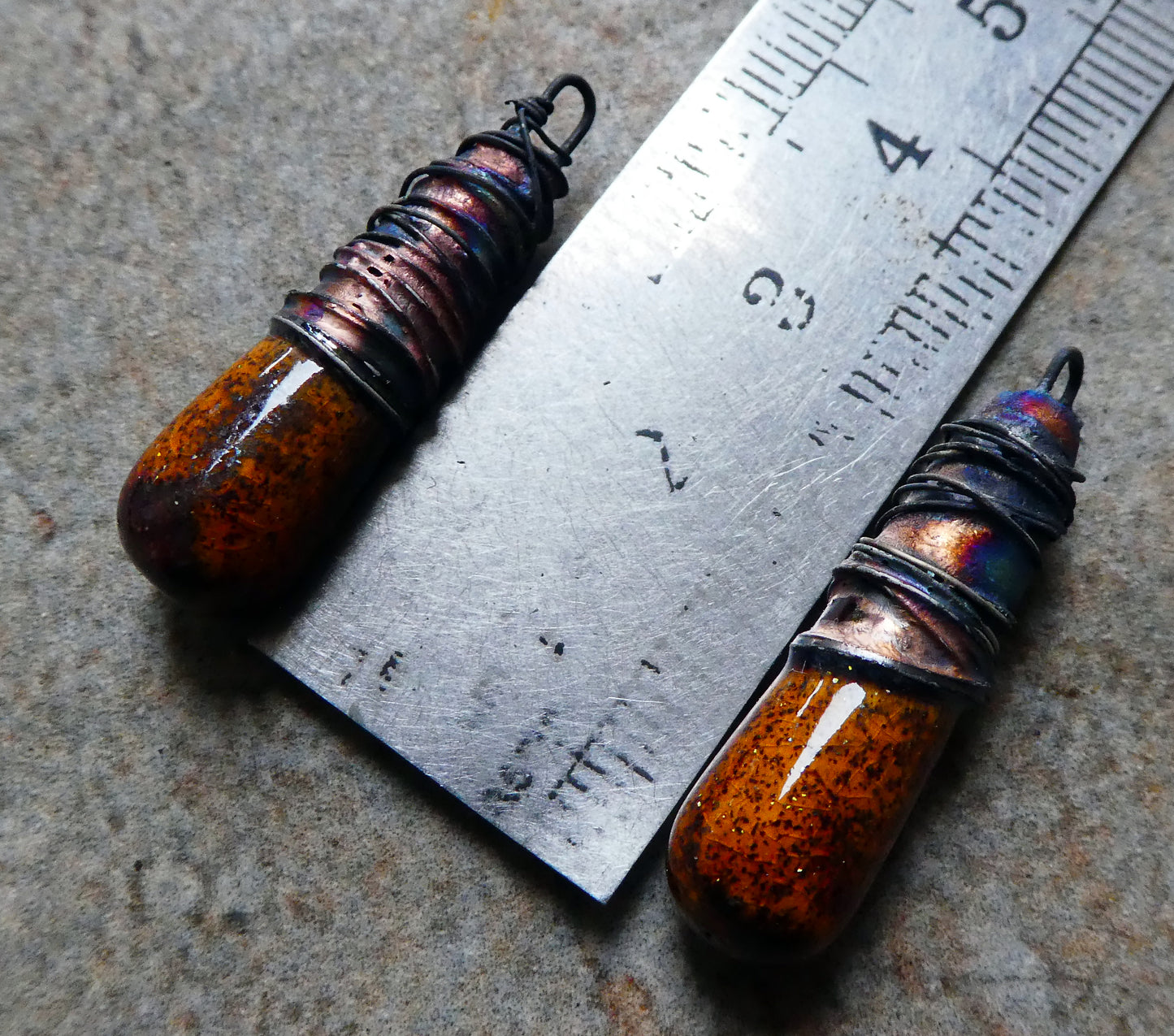 Ceramic Wire Wrapped Baton Charms -Amber Sparks