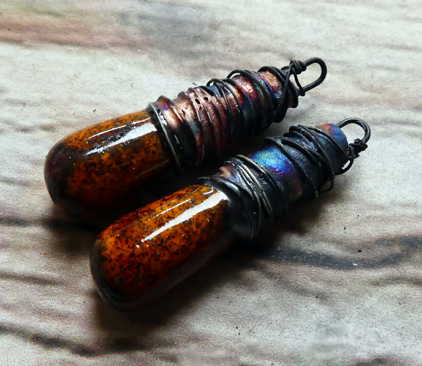 Ceramic Wire Wrapped Baton Charms -Amber Sparks