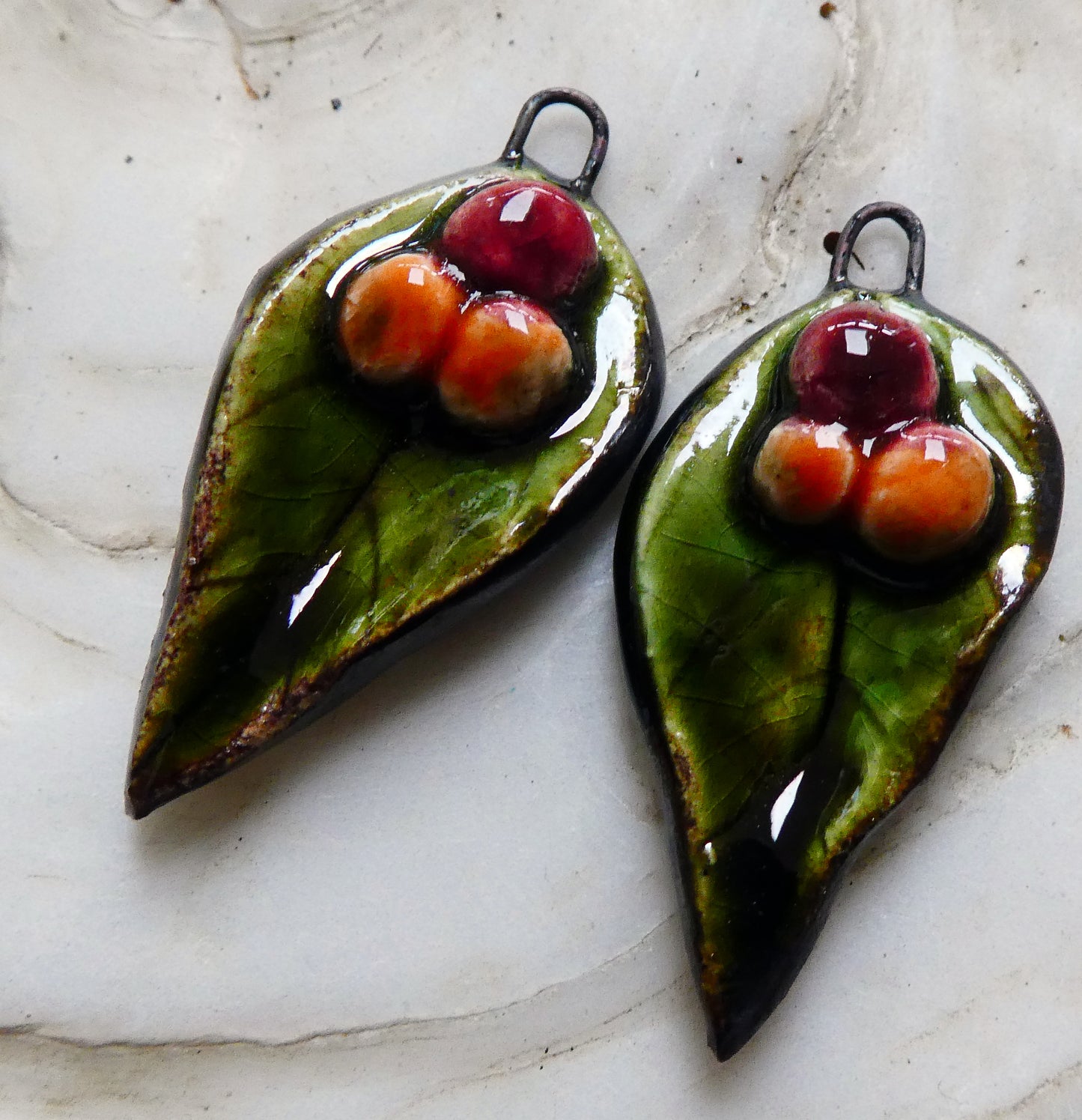 Ceramic Autumn Leaf and Berries Charms - Olive