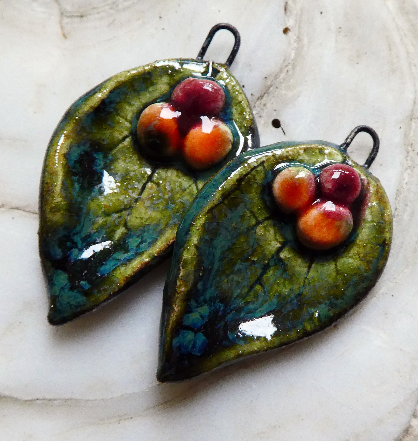Ceramic Autumn Leaf and Berries Charms -Dark Jade