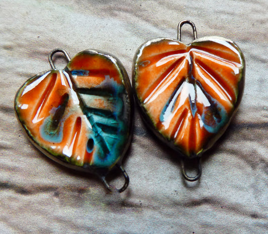 Ceramic Heart Shaped Leaf Connectors - Vermillion Sunburst