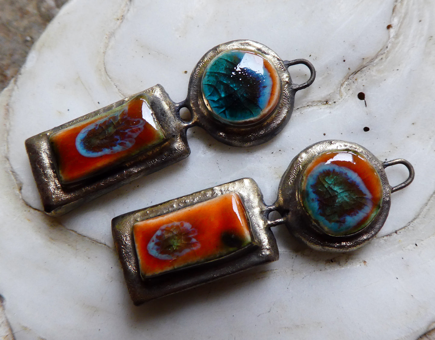 Ceramic Moulded Disc and Rectangle Charms -Vermillion Sunburst