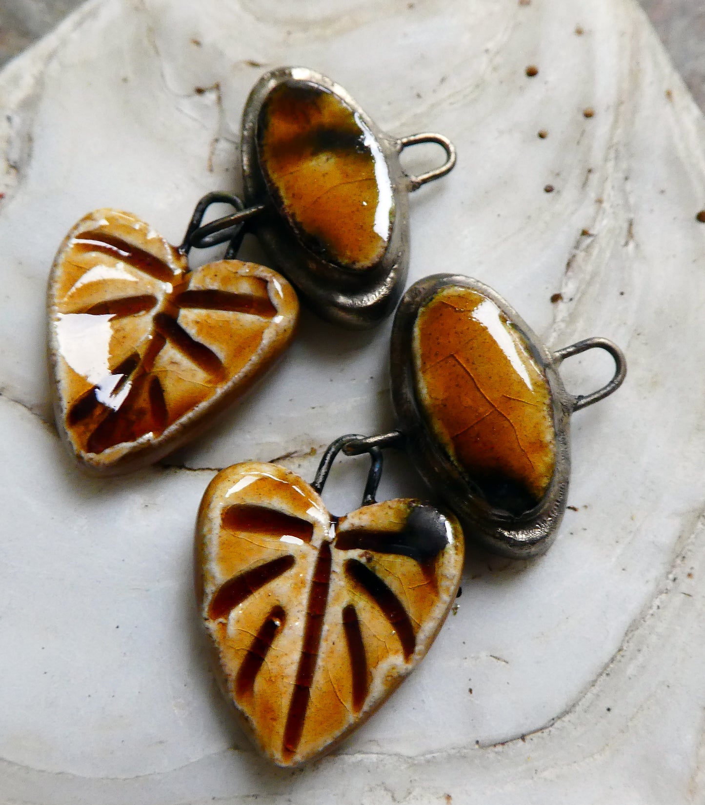 Ceramic Moulded Oval and Leaf Dangles - Cognac