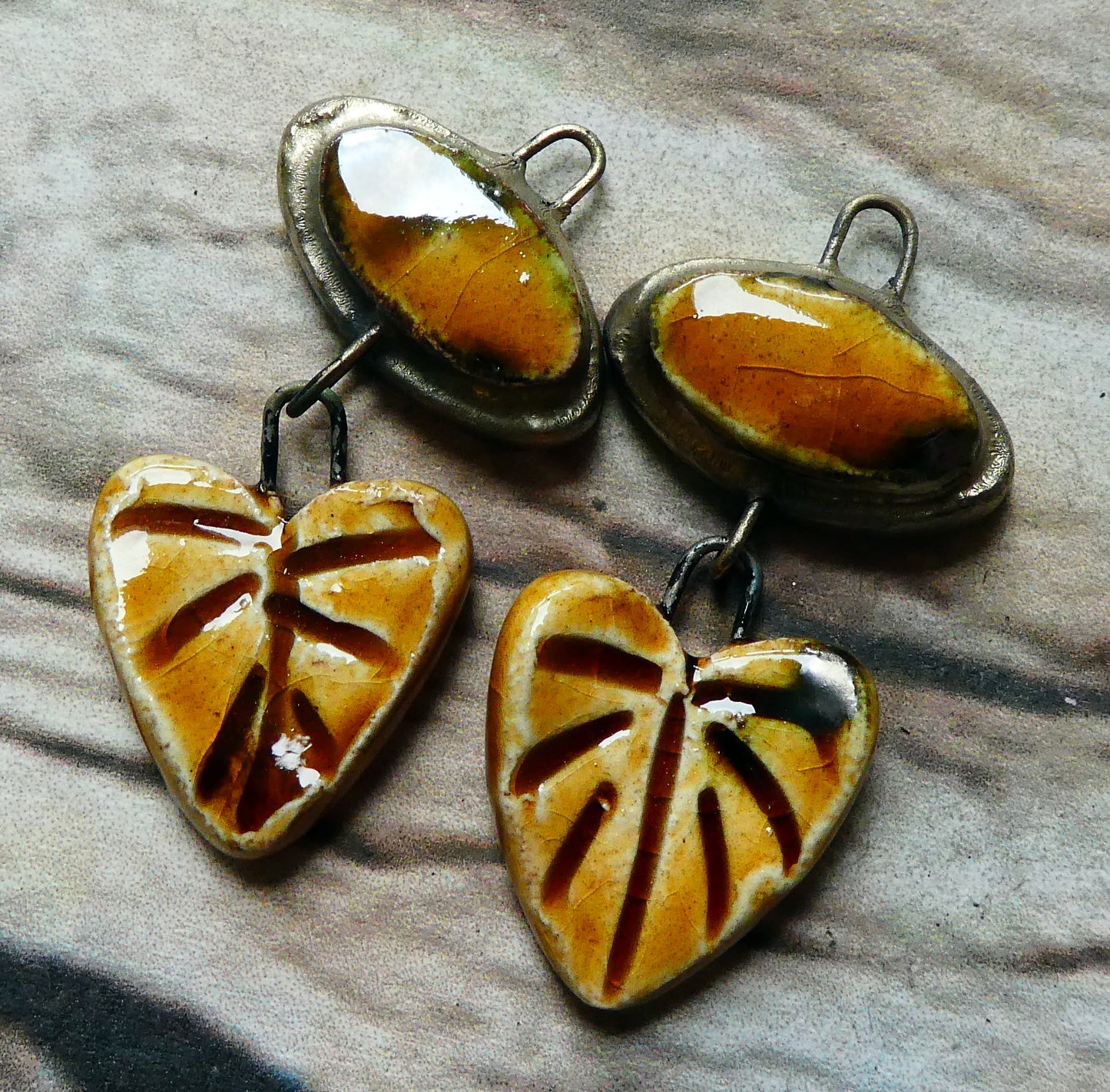 Ceramic Moulded Oval and Leaf Dangles - Cognac