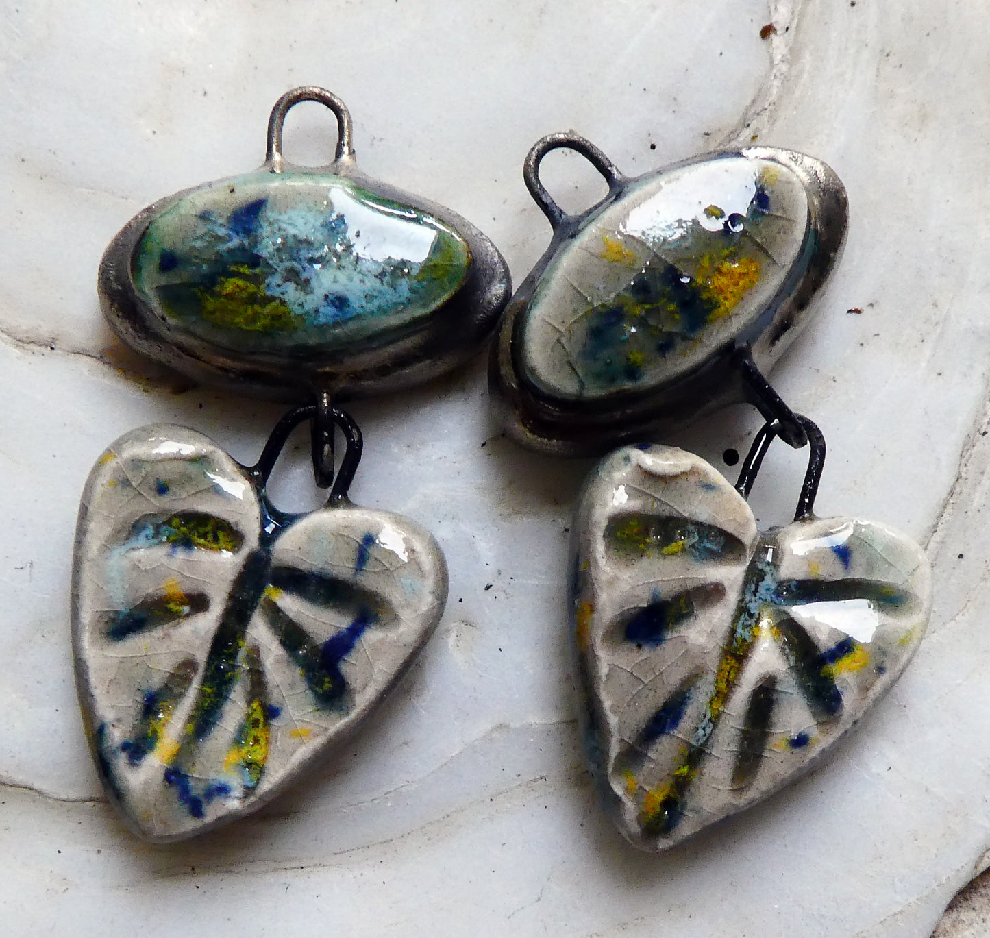 Ceramic Moulded Oval and Leaf Dangles - Fireflies