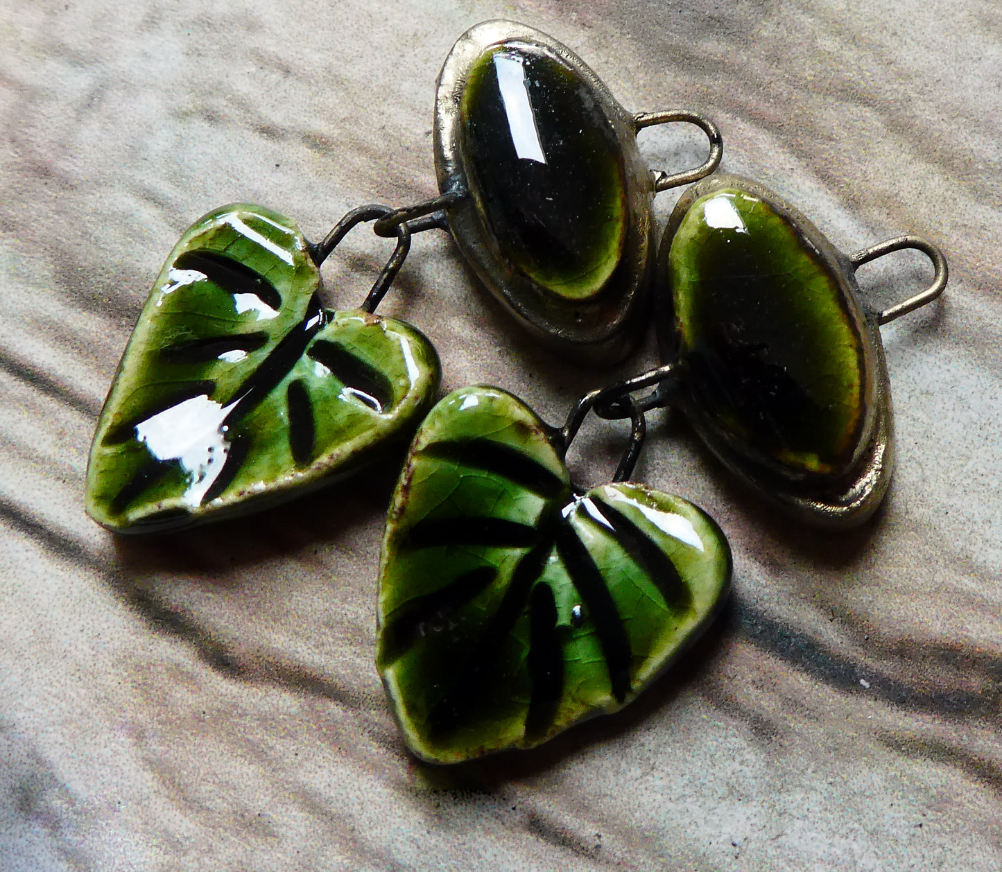 Ceramic Moulded Oval and Leaf Dangles - Olive
