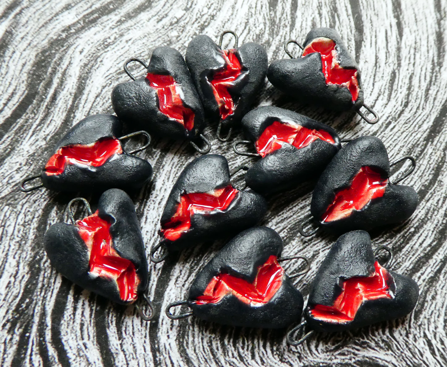 Ceramic Slashed Heart Charms - Matte Black