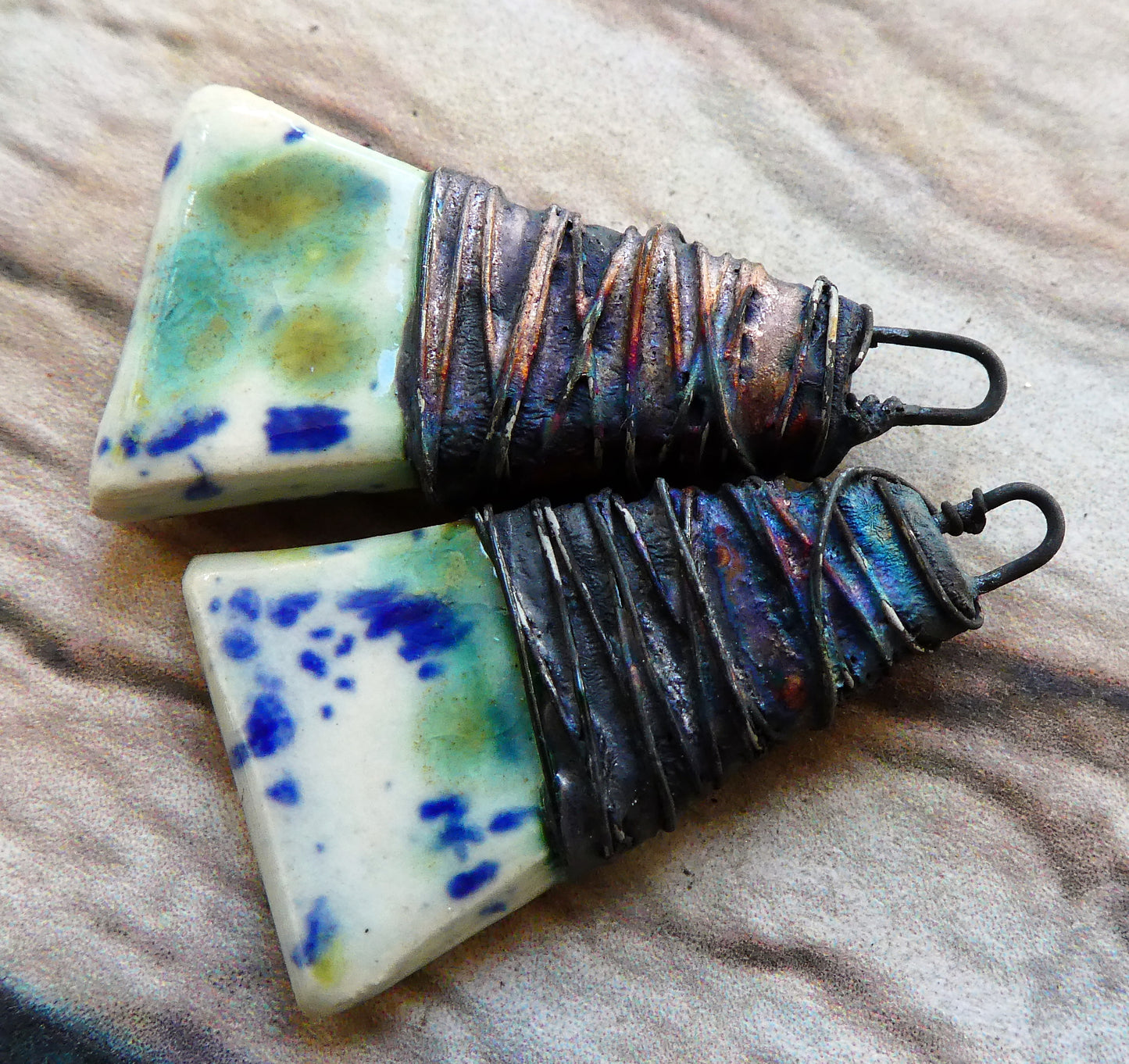 Ceramic Wire Wrapped Wedge Charms -Seawind
