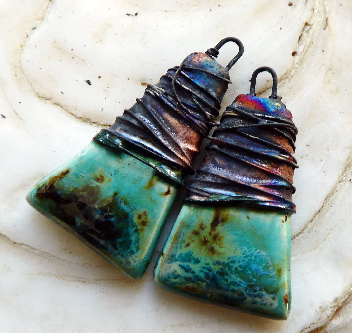 Ceramic Wire Wrapped Wedge Charms -Blue Guppy