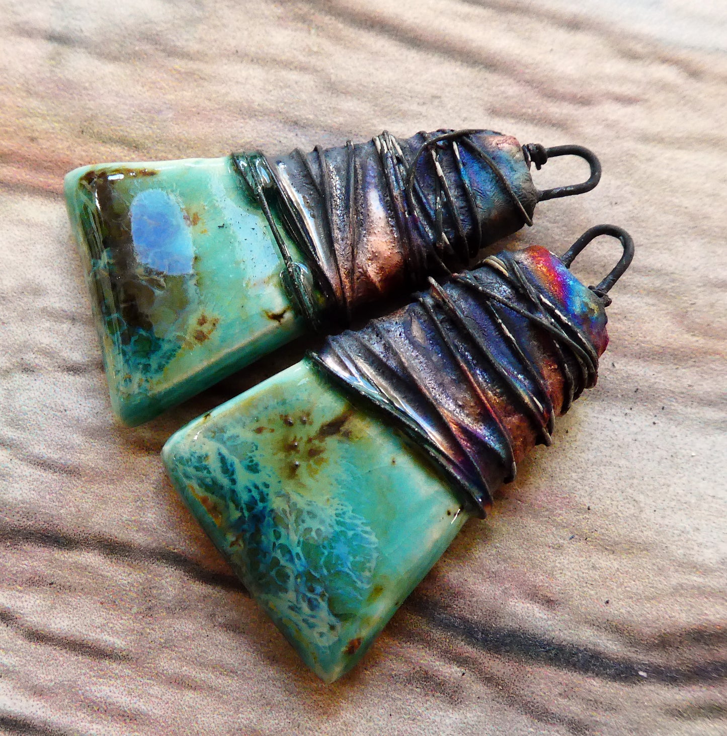 Ceramic Wire Wrapped Wedge Charms -Blue Guppy