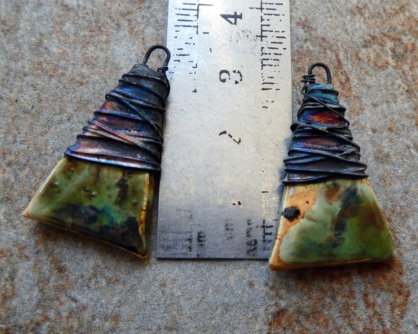 Ceramic Wire Wrapped Wedge Charms -Oriental Caramel