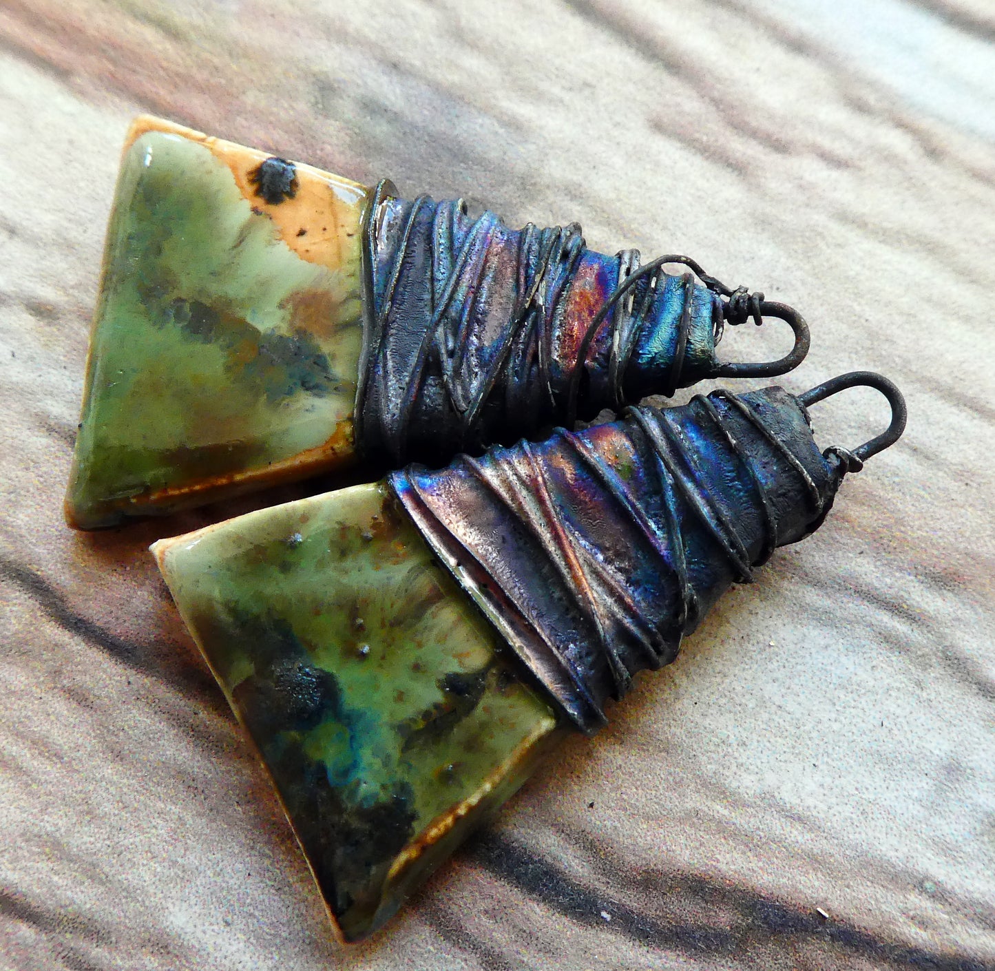 Ceramic Wire Wrapped Wedge Charms -Oriental Caramel