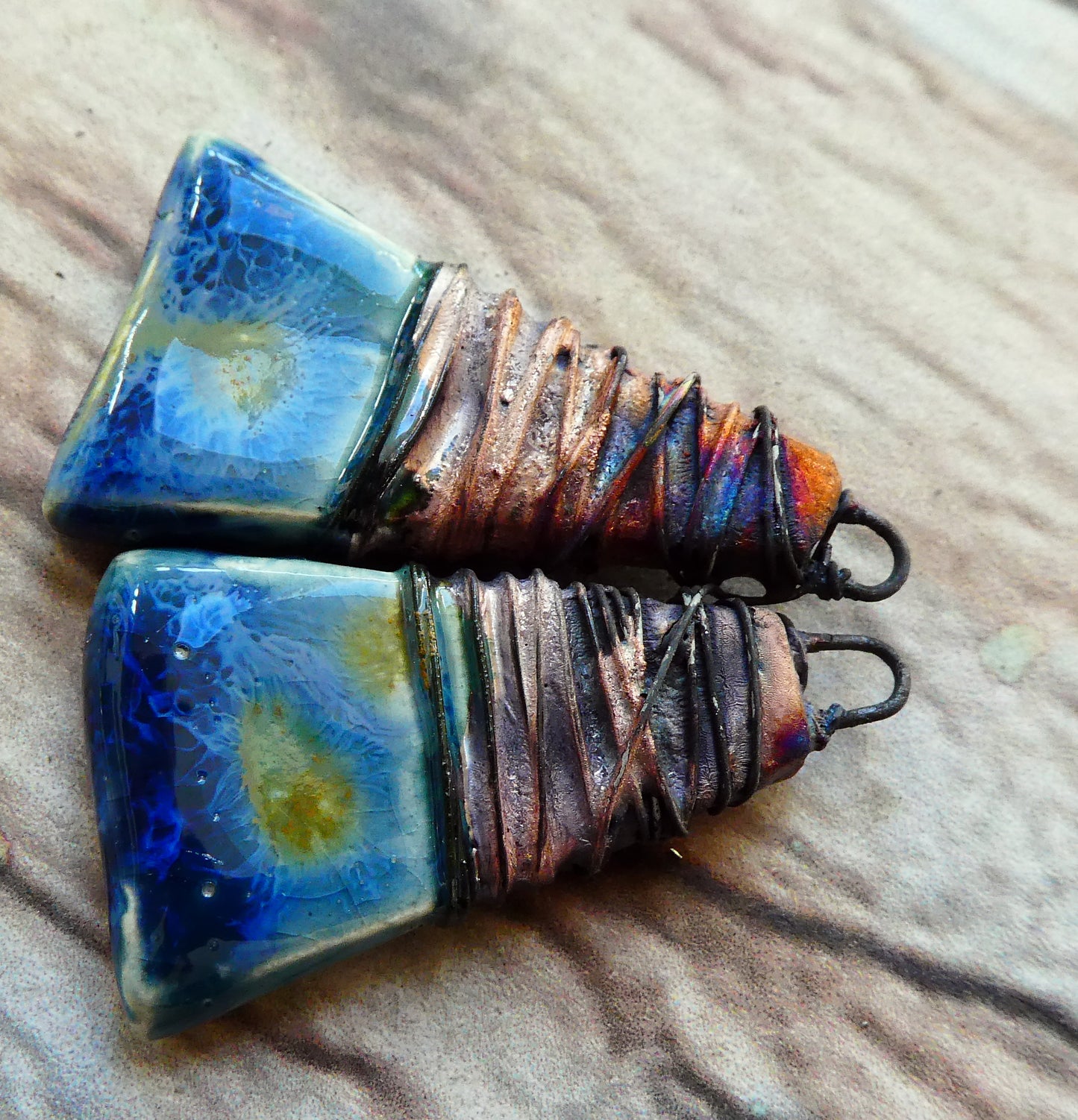 Ceramic Wire Wrapped Wedge Charms -Monsoon Seas