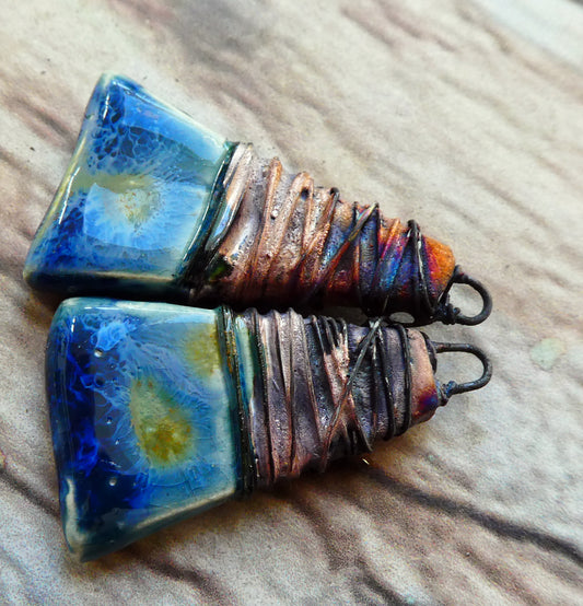 Ceramic Wire Wrapped Wedge Charms -Monsoon Seas