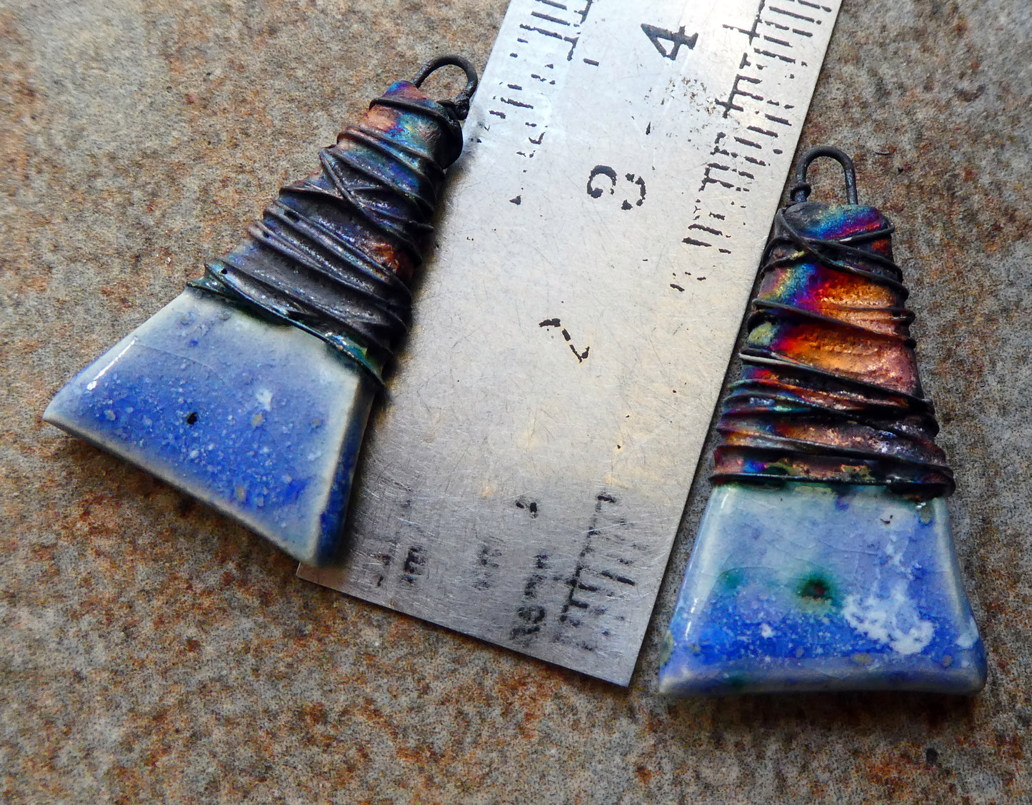 Ceramic Wire Wrapped Wedge Charms -Glacier Fire