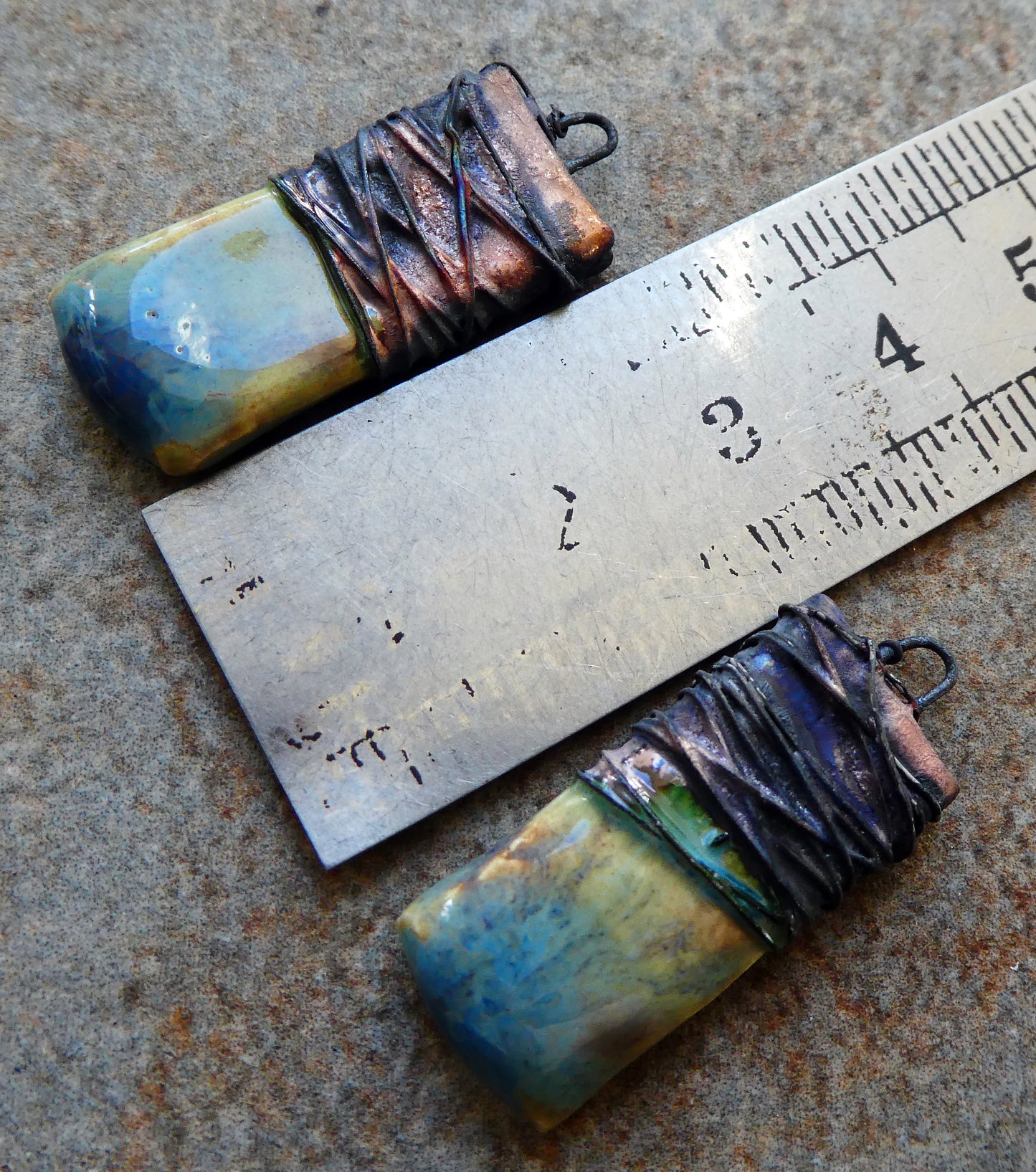 Ceramic Wire Wrapped Tablet Charms - Blue Agate