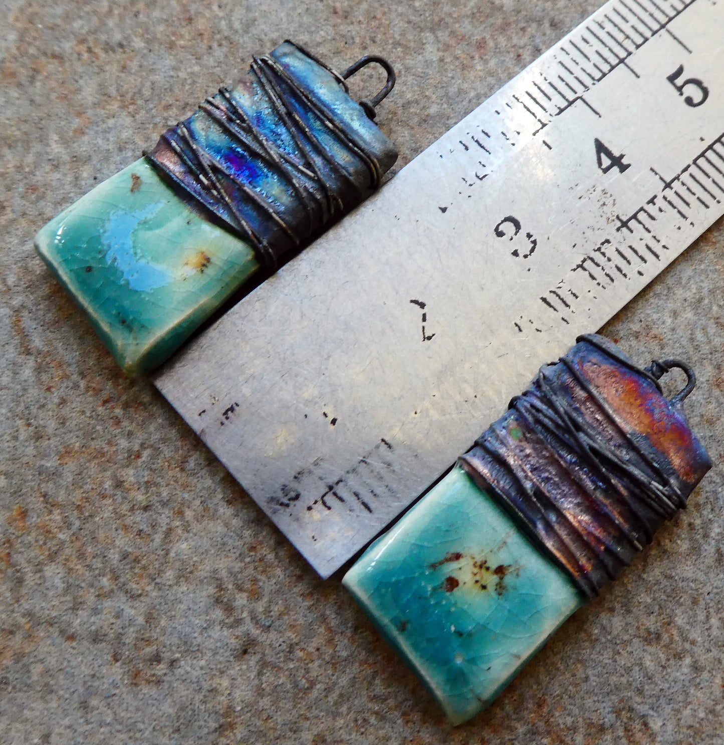 Ceramic Wire Wrapped Tablet Charms - Lotus Blossom