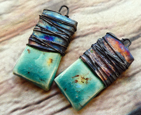 Ceramic Wire Wrapped Tablet Charms - Lotus Blossom