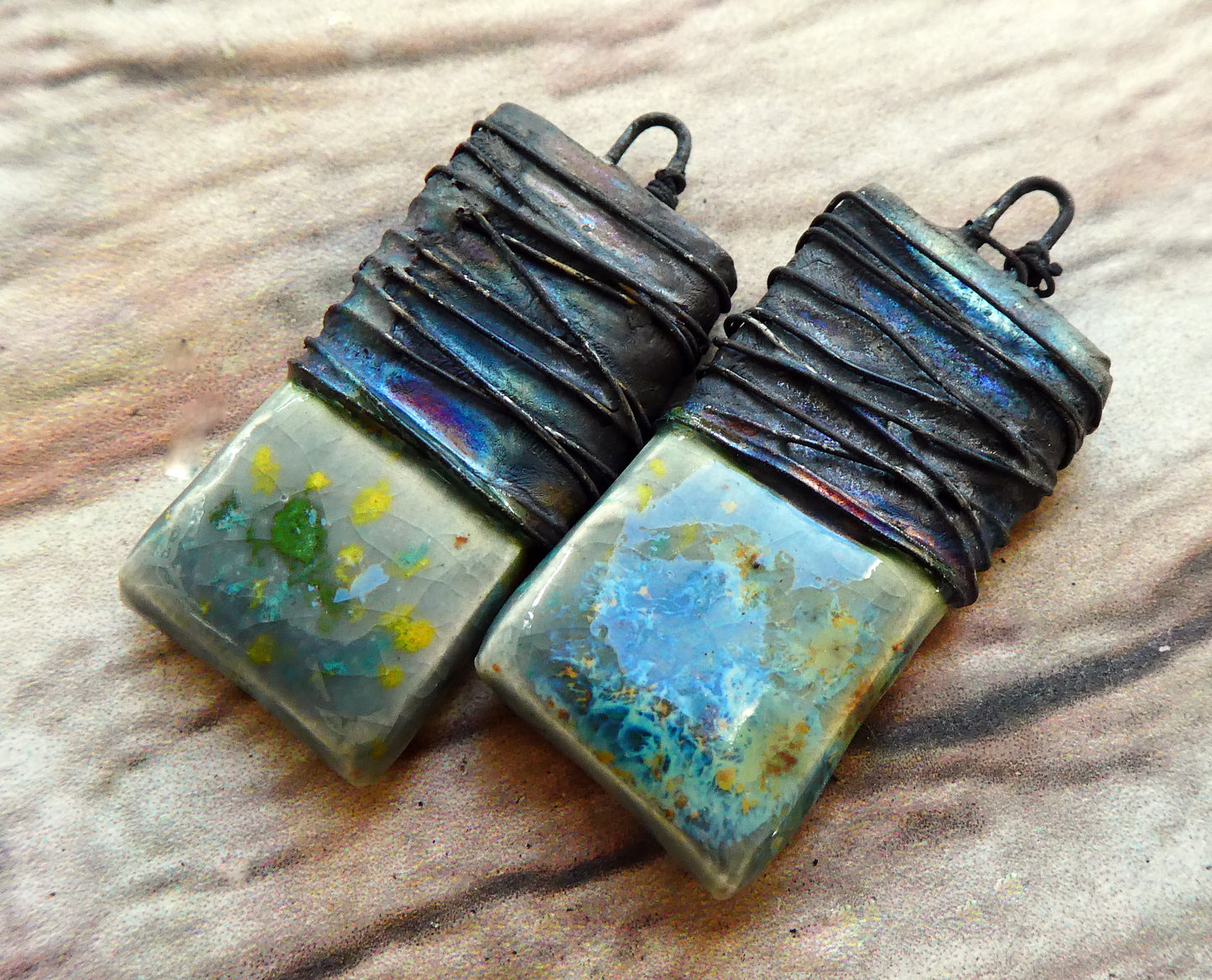Ceramic Wire Wrapped Tablet Charms - Mountain Moss