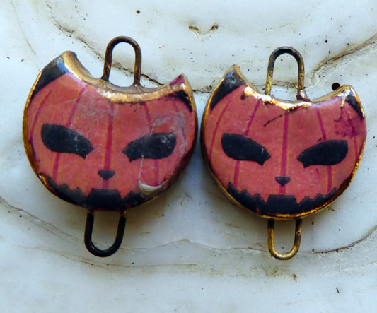 Ceramic Spooky Pumpkat Decal Disc Earring Connectors#1