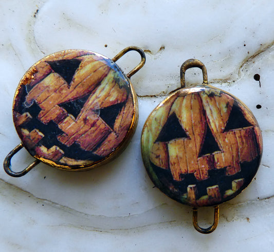 Ceramic Little Disc Pumpkin Decal Earring Connectors- Vintage