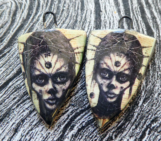 Ceramic Decal Shield Earring Charms - Voodoo Priestess