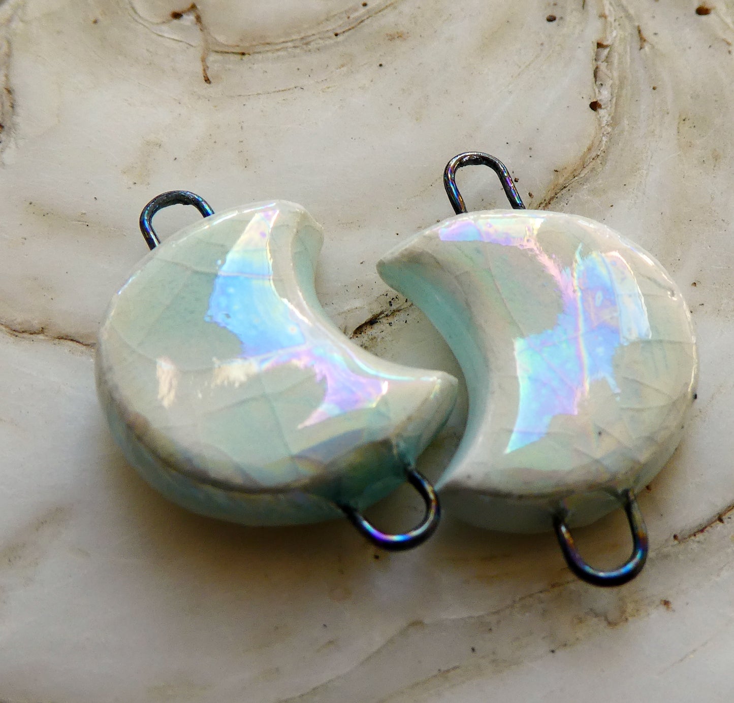 Ceramic Crescent Moon Earring Connectors -Mother of Pearl Lustre