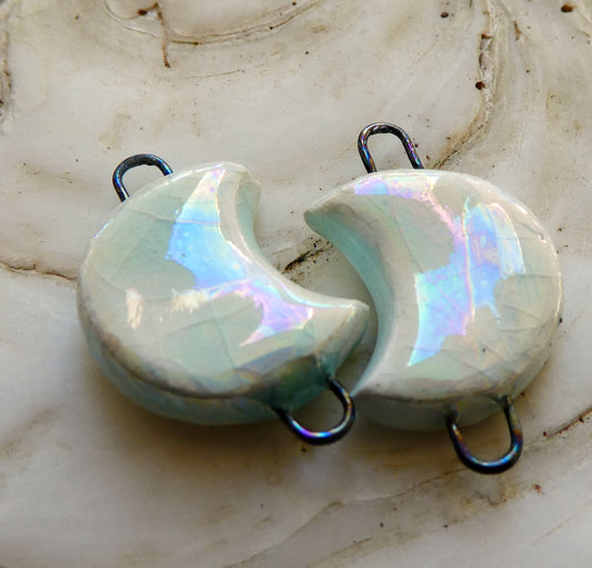 Ceramic Crescent Moon Earring Connectors -Mother of Pearl Lustre