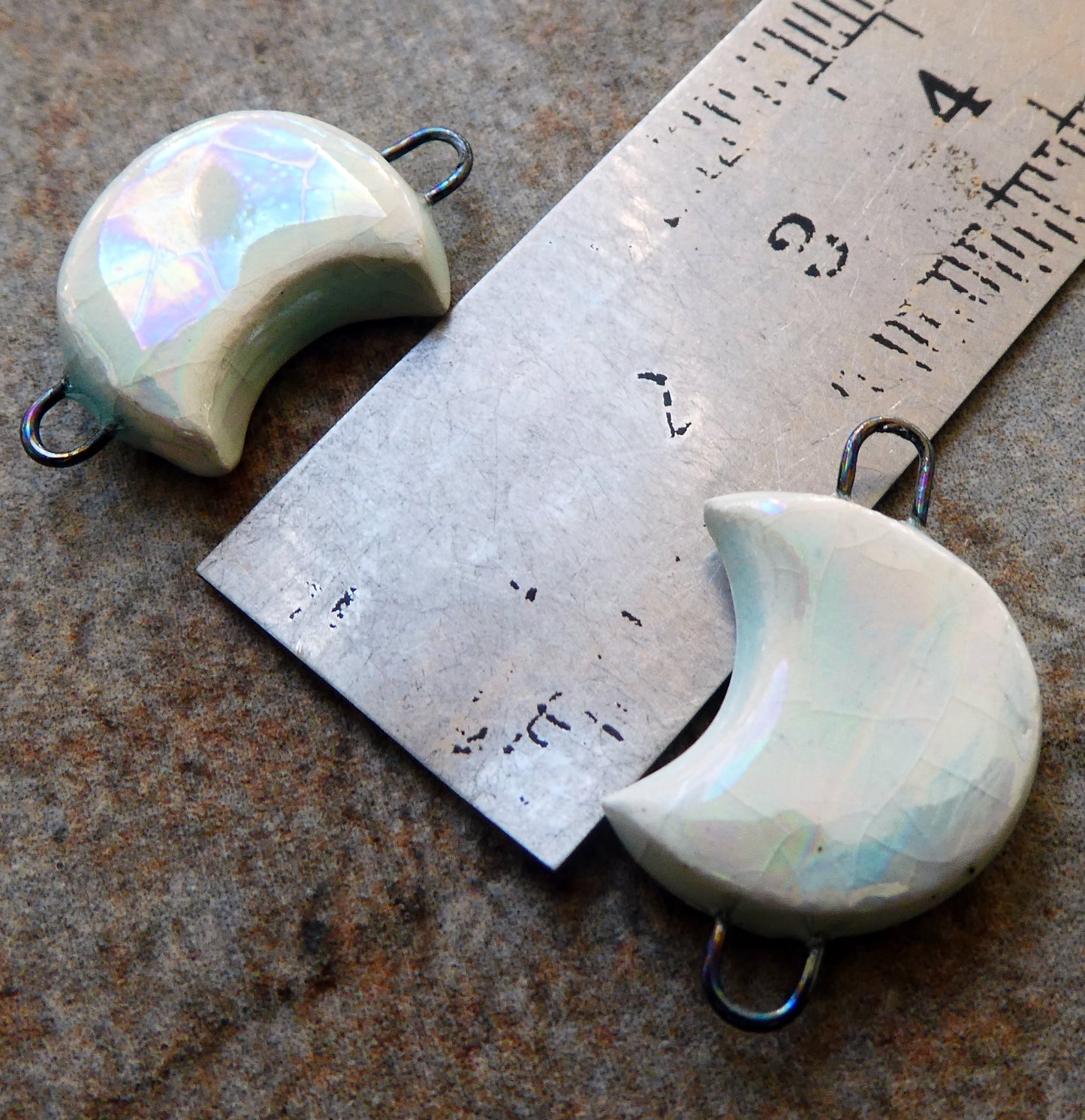 Ceramic Crescent Moon Earring Connectors -Mother of Pearl Lustre