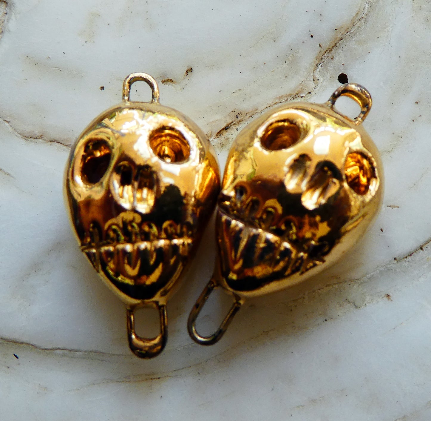 Ceramic Skull Earring Connectors -Gold Lustre