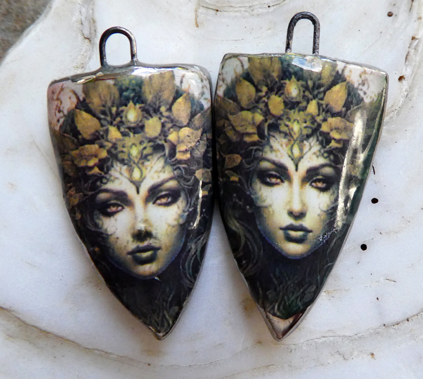 Ceramic Green Woman Decal Shield Charms #2