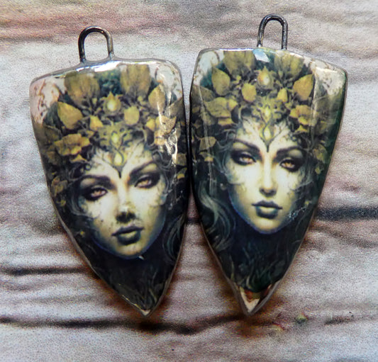 Ceramic Green Woman Decal Shield Charms #2