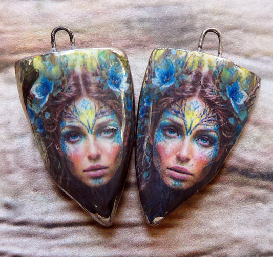 Ceramic Green Woman Decal Shield Charms #3