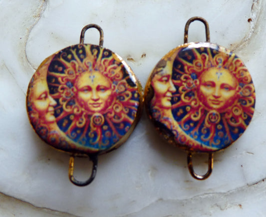 Ceramic Little Disc Vintage Sun and Moon Decal Earring Connectors #5