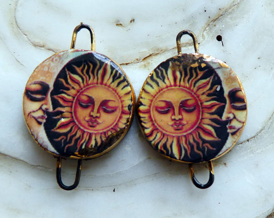 Ceramic Little Disc Vintage Sun and Moon Decal Earring Connectors #6