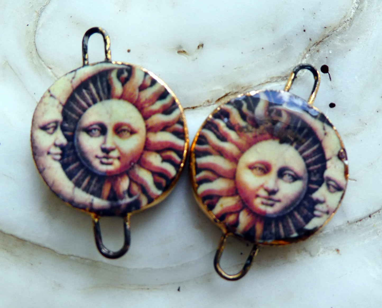 Ceramic Little Disc Vintage Sun and Moon Decal Earring Connectors #7