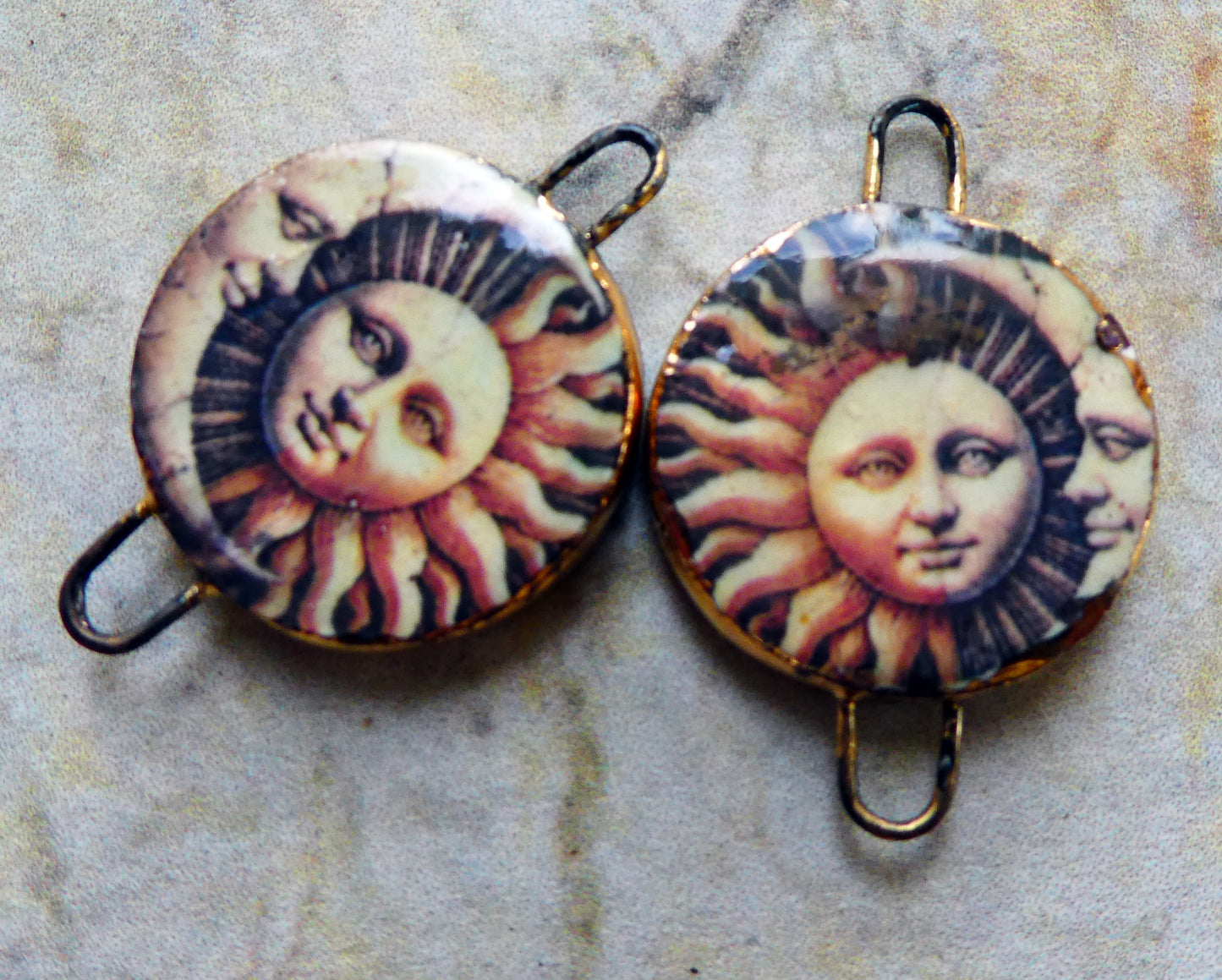 Ceramic Little Disc Vintage Sun and Moon Decal Earring Connectors #7