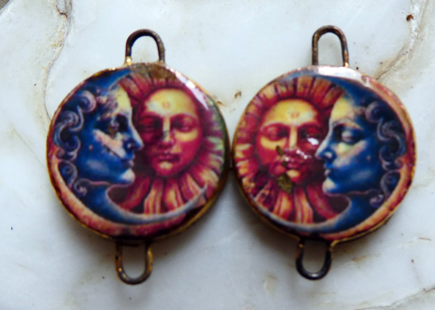 Ceramic Little Disc Vintage Sun and Moon Decal Earring Connectors #8