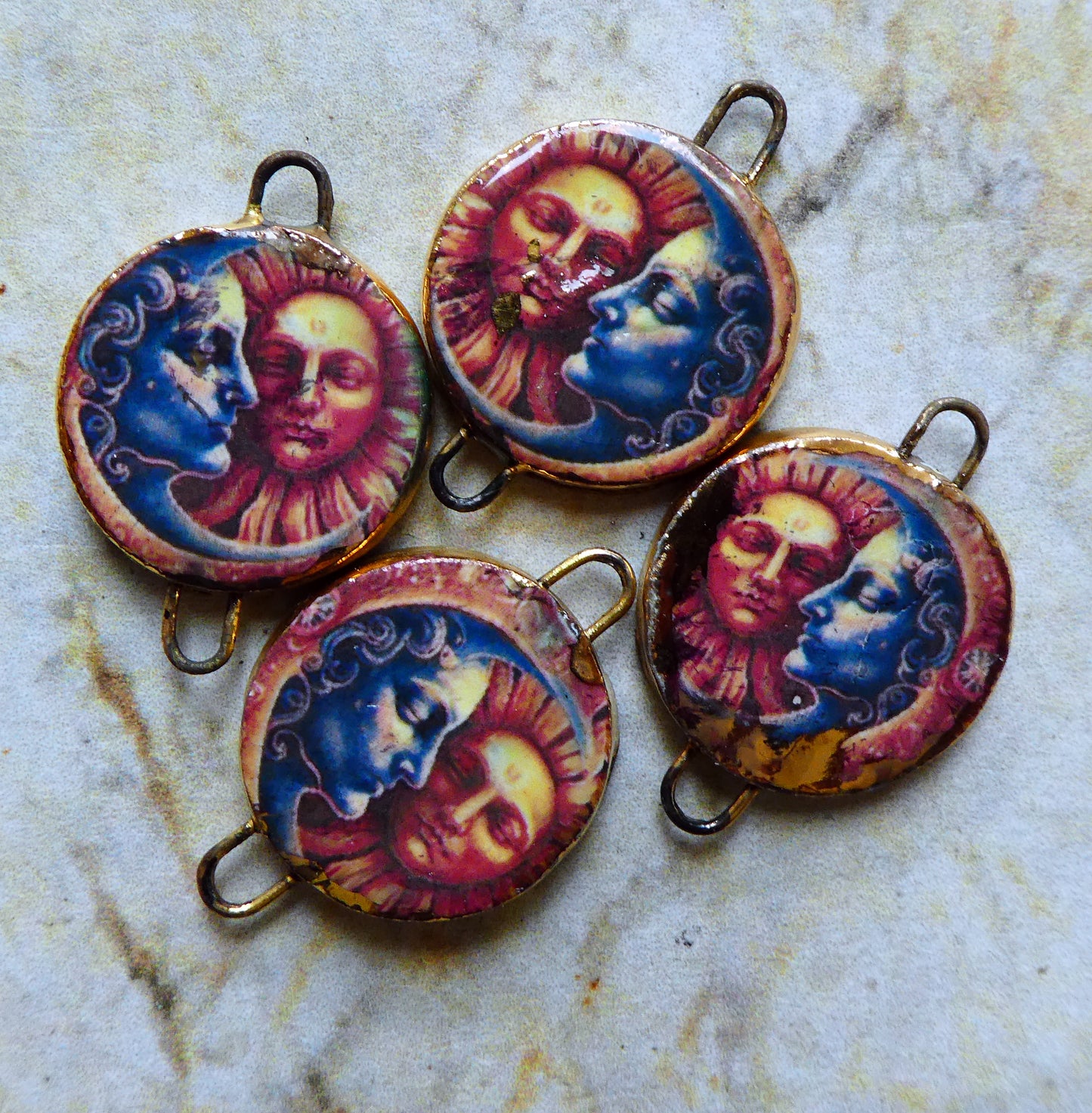 Ceramic Little Disc Vintage Sun and Moon Decal Earring Connectors #8