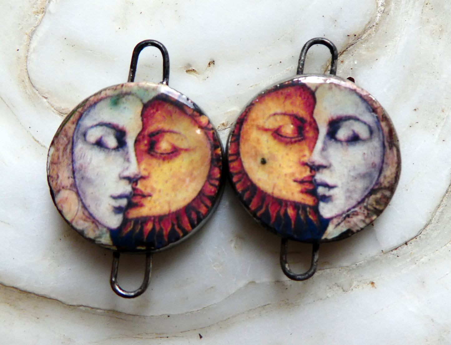 Ceramic Little Disc Vintage Sun and Moon Decal Earring Connectors #9