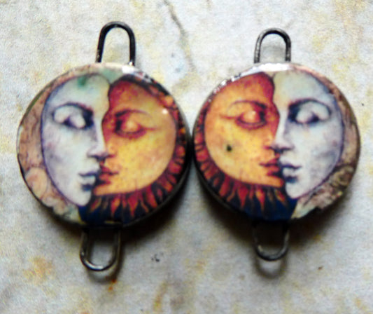 Ceramic Little Disc Vintage Sun and Moon Decal Earring Connectors #9