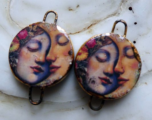 Ceramic Little Disc Vintage Sun and Moon Decal Earring Connectors #10