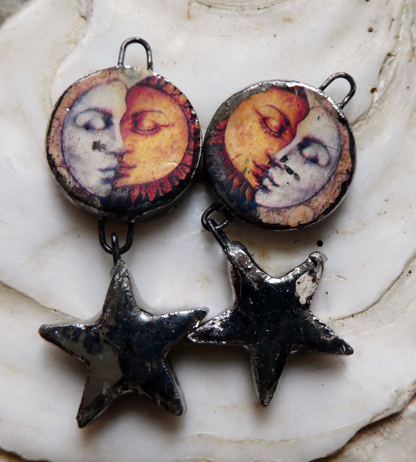 Ceramic Vintage Sun and Moon Decal and Star Earring Dangles #9