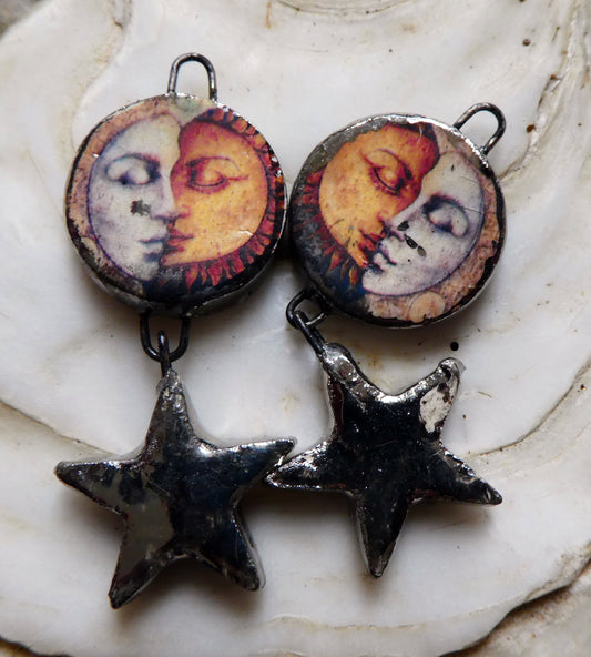 Ceramic Vintage Sun and Moon Decal and Star Earring Dangles #9